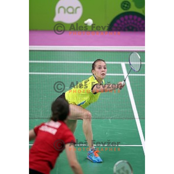 Kaja Stankovic of Slovenia plays in group stage of Badminton Tournament at First European Games Baku 2015 in Baku Sports Hall, Azerbaijan on June 22, 2015