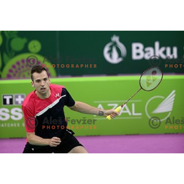 Iztok Utrosa of Slovenia plays in group stage of Badminton Tournament at First European Games Baku 2015 in Baku Sports Hall, Azerbaijan on June 22, 2015