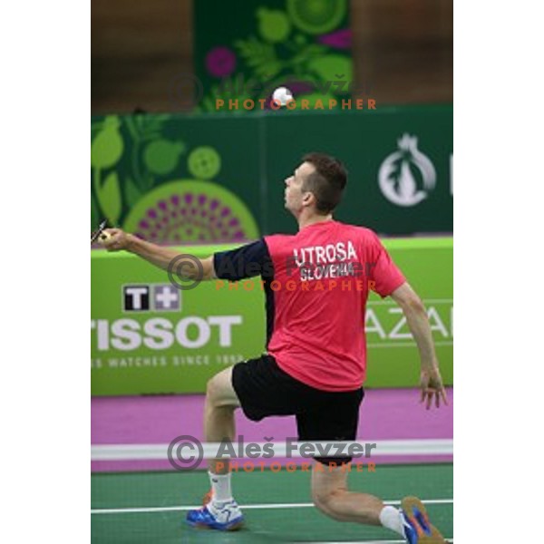 Iztok Utrosa of Slovenia plays in group stage of Badminton Tournament at First European Games Baku 2015 in Baku Sports Hall, Azerbaijan on June 22, 2015