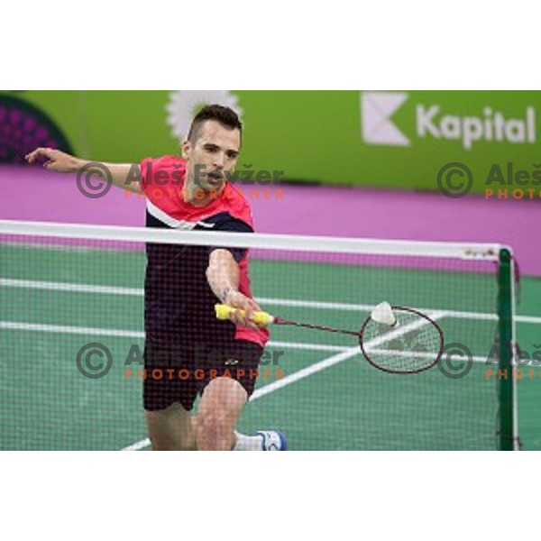 Iztok Utrosa of Slovenia plays in group stage of Badminton Tournament at First European Games Baku 2015 in Baku Sports Hall, Azerbaijan on June 22, 2015