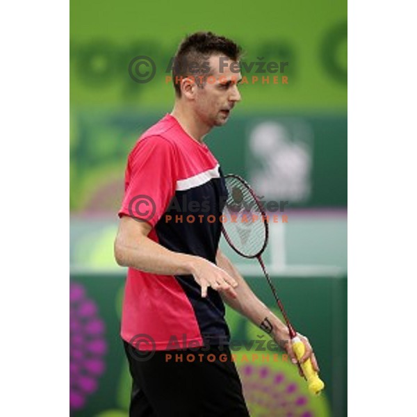 Iztok Utrosa of Slovenia plays in group stage of Badminton Tournament at First European Games Baku 2015 in Baku Sports Hall, Azerbaijan on June 22, 2015