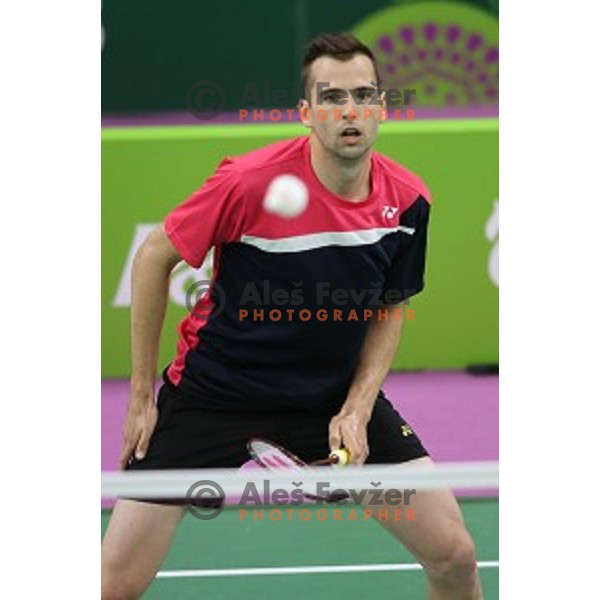 Iztok Utrosa of Slovenia plays in group stage of Badminton Tournament at First European Games Baku 2015 in Baku Sports Hall, Azerbaijan on June 22, 2015
