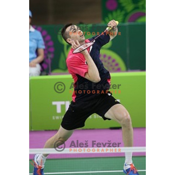 Iztok Utrosa of Slovenia plays in group stage of Badminton Tournament at First European Games Baku 2015 in Baku Sports Hall, Azerbaijan on June 22, 2015