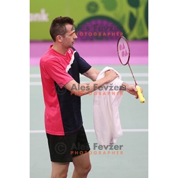 Iztok Utrosa of Slovenia plays in group stage of Badminton Tournament at First European Games Baku 2015 in Baku Sports Hall, Azerbaijan on June 22, 2015