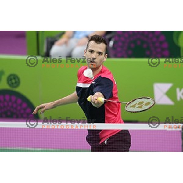 Iztok Utrosa of Slovenia plays in group stage of Badminton Tournament at First European Games Baku 2015 in Baku Sports Hall, Azerbaijan on June 22, 2015