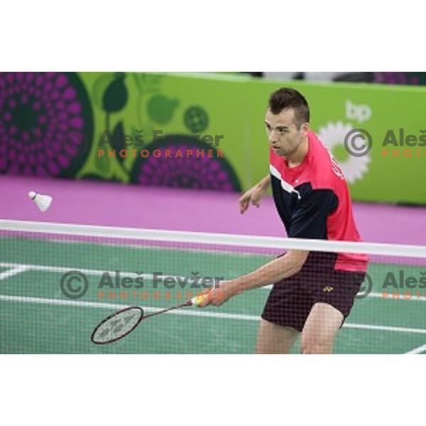 Iztok Utrosa of Slovenia plays in group stage of Badminton Tournament at First European Games Baku 2015 in Baku Sports Hall, Azerbaijan on June 22, 2015