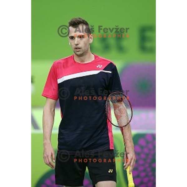 Iztok Utrosa of Slovenia plays in group stage of Badminton Tournament at First European Games Baku 2015 in Baku Sports Hall, Azerbaijan on June 22, 2015