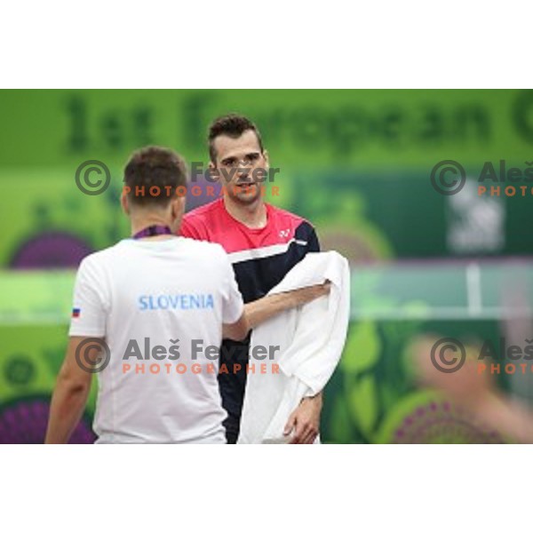 Iztok Utrosa of Slovenia plays in group stage of Badminton Tournament at First European Games Baku 2015 in Baku Sports Hall, Azerbaijan on June 22, 2015