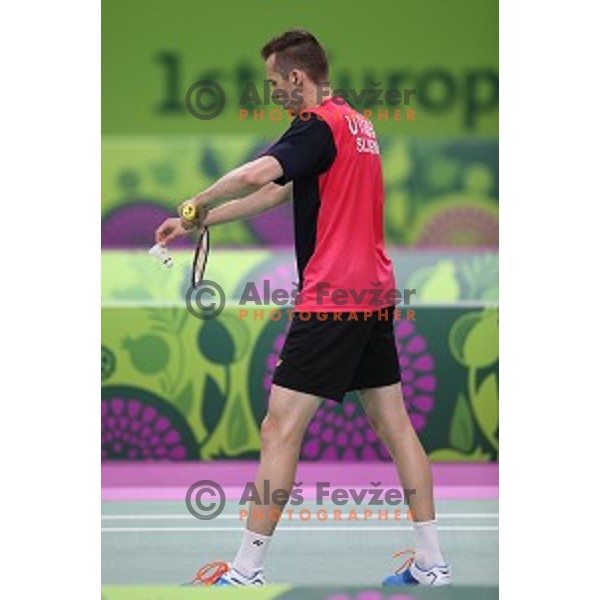 Iztok Utrosa of Slovenia plays in group stage of Badminton Tournament at First European Games Baku 2015 in Baku Sports Hall, Azerbaijan on June 22, 2015
