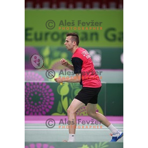 Iztok Utrosa of Slovenia plays in group stage of Badminton Tournament at First European Games Baku 2015 in Baku Sports Hall, Azerbaijan on June 22, 2015