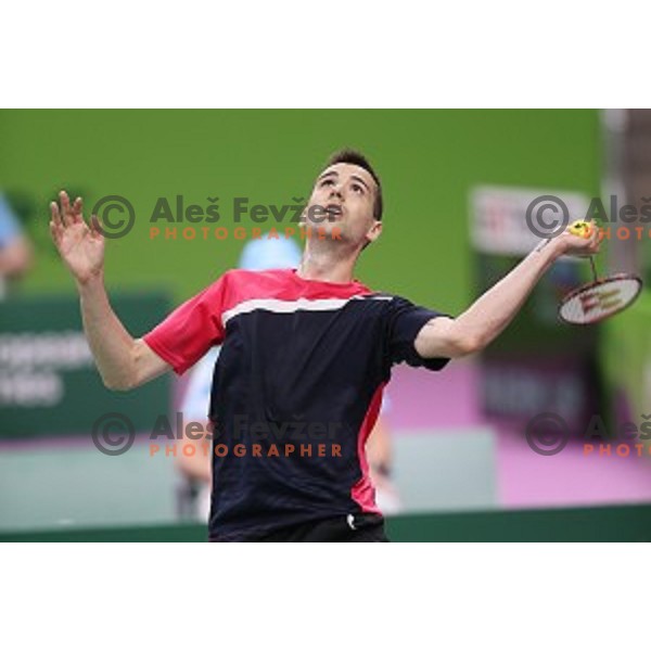 Iztok Utrosa of Slovenia plays in group stage of Badminton Tournament at First European Games Baku 2015 in Baku Sports Hall, Azerbaijan on June 22, 2015