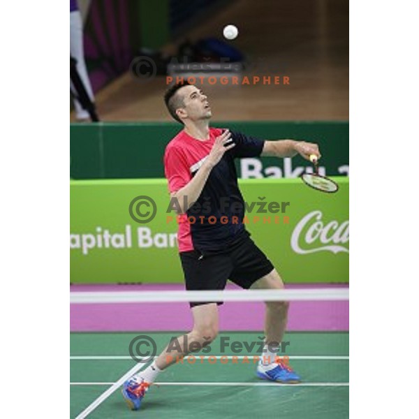 Iztok Utrosa of Slovenia plays in group stage of Badminton Tournament at First European Games Baku 2015 in Baku Sports Hall, Azerbaijan on June 22, 2015