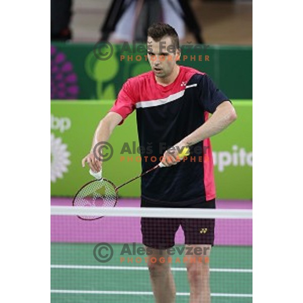 Iztok Utrosa of Slovenia plays in group stage of Badminton Tournament at First European Games Baku 2015 in Baku Sports Hall, Azerbaijan on June 22, 2015
