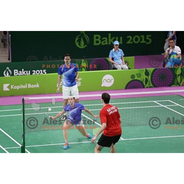 Primoz Flis and Kaja Stankovic of Slovenia play in group stage of Badminton Tournament at First European Games Baku 2015 in Baku Sports Hall, Azerbaijan on June 22, 2015