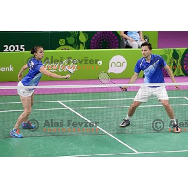 Primoz Flis and Kaja Stankovic of Slovenia play in group stage of Badminton Tournament at First European Games Baku 2015 in Baku Sports Hall, Azerbaijan on June 22, 2015