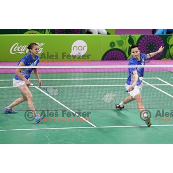 Primoz Flis and Kaja Stankovic of Slovenia play in group stage of Badminton Tournament at First European Games Baku 2015 in Baku Sports Hall, Azerbaijan on June 22, 2015