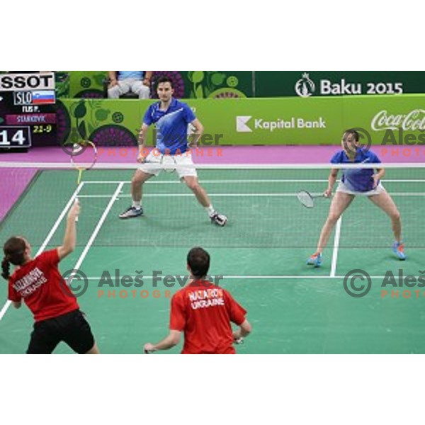 Primoz Flis and Kaja Stankovic of Slovenia play in group stage of Badminton Tournament at First European Games Baku 2015 in Baku Sports Hall, Azerbaijan on June 22, 2015