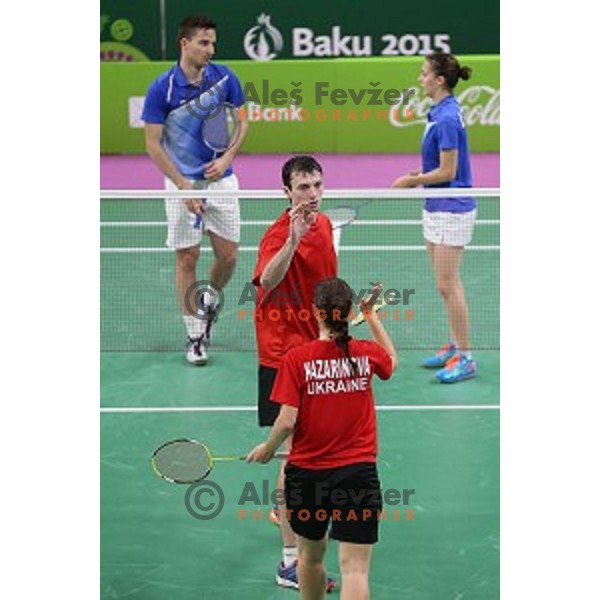 Primoz Flis and Kaja Stankovic of Slovenia play in group stage of Badminton Tournament at First European Games Baku 2015 in Baku Sports Hall, Azerbaijan on June 22, 2015