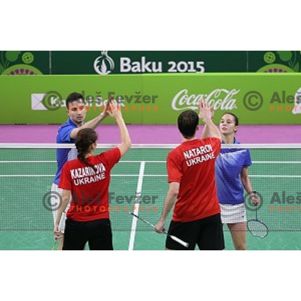 Primoz Flis and Kaja Stankovic of Slovenia play in group stage of Badminton Tournament at First European Games Baku 2015 in Baku Sports Hall, Azerbaijan on June 22, 2015