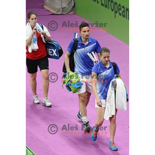 Primoz Flis and Kaja Stankovic of Slovenia play in group stage of Badminton Tournament at First European Games Baku 2015 in Baku Sports Hall, Azerbaijan on June 22, 2015