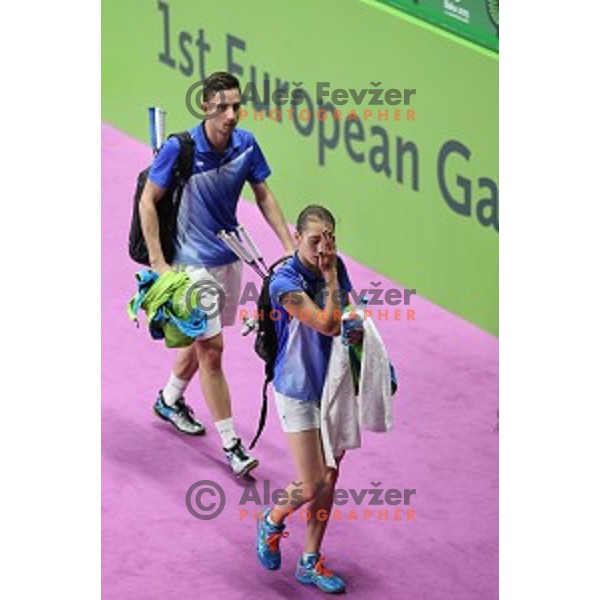 Primoz Flis and Kaja Stankovic of Slovenia play in group stage of Badminton Tournament at First European Games Baku 2015 in Baku Sports Hall, Azerbaijan on June 22, 2015