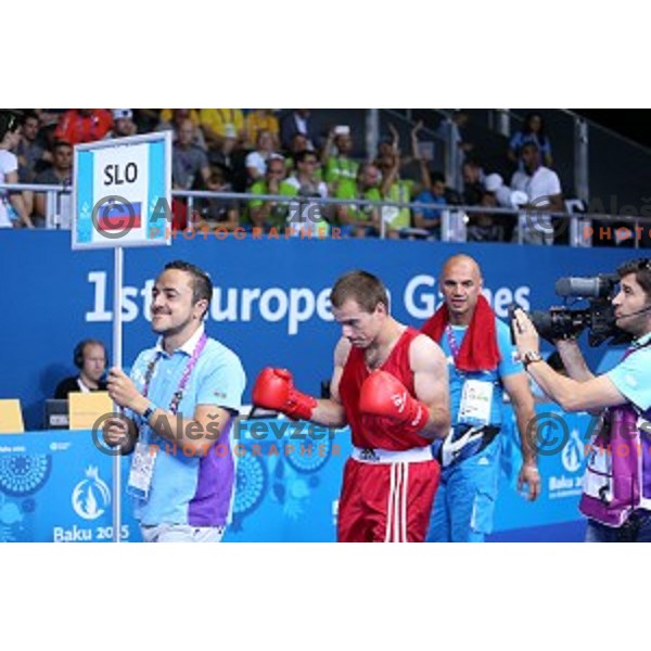 Coach Igor Rasic and Aljaz Venko of Slovenia during quarterfinals of Boxing tournament in Crystal Hall during First European Games Baku 2015, Azerbaijan on June 24, 2015