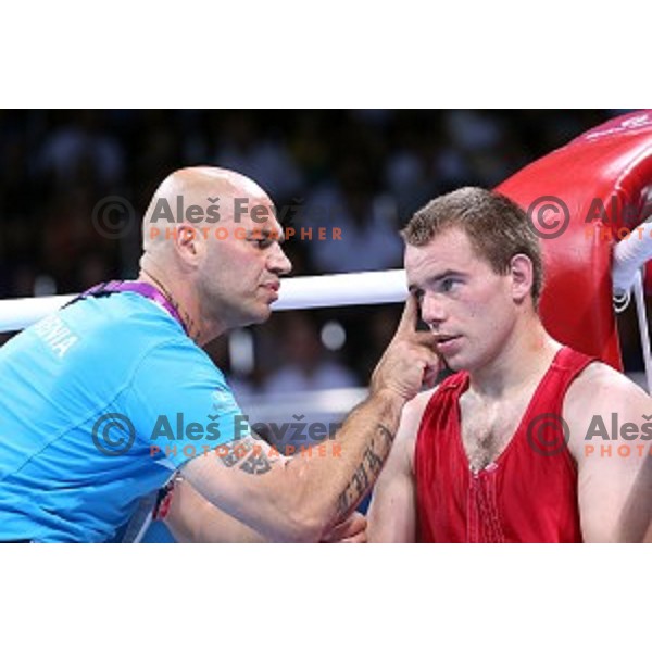 Coach Igor Rasic and Aljaz Venko of Slovenia during quarterfinals of Boxing tournament in Crystal Hall during First European Games Baku 2015, Azerbaijan on June 24, 2015