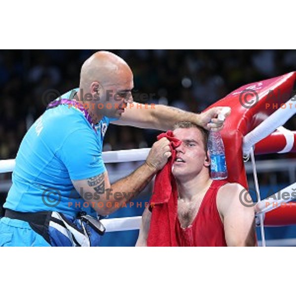 Coach Igor Rasic and Aljaz Venko of Slovenia during quarterfinals of Boxing tournament in Crystal Hall during First European Games Baku 2015, Azerbaijan on June 24, 2015