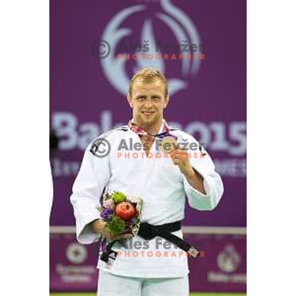 Rok Draksic of Slovenia, winner of bronze medal in Men\'s -73 kg at Judo Tournament in Heydar Aliyev Arena at First European Games Baku 2015 in European Games Park, Azerbaijan on June 26, 2015