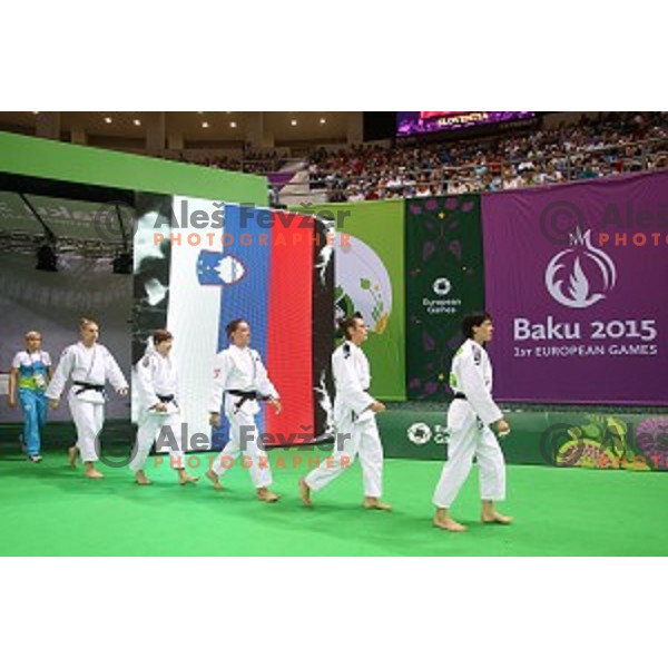 Petra Nareks, Vlora Bedeti, Nina Milosevic, Tina Trstenjak and Anamarija Velensek of Slovenia at Judo Team event in Heydar Aliyev Arena at First European Games Baku 2015 in European Games Park, Azerbaijan on June 28, 2015