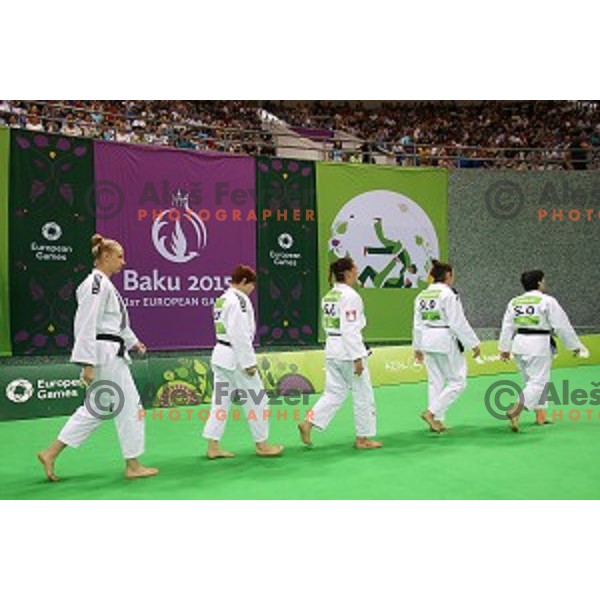 Petra Nareks, Vlora Bedeti, Nina Milosevic, Tina Trstenjak and Anamarija Velensek of Slovenia at Judo Team event in Heydar Aliyev Arena at First European Games Baku 2015 in European Games Park, Azerbaijan on June 28, 2015