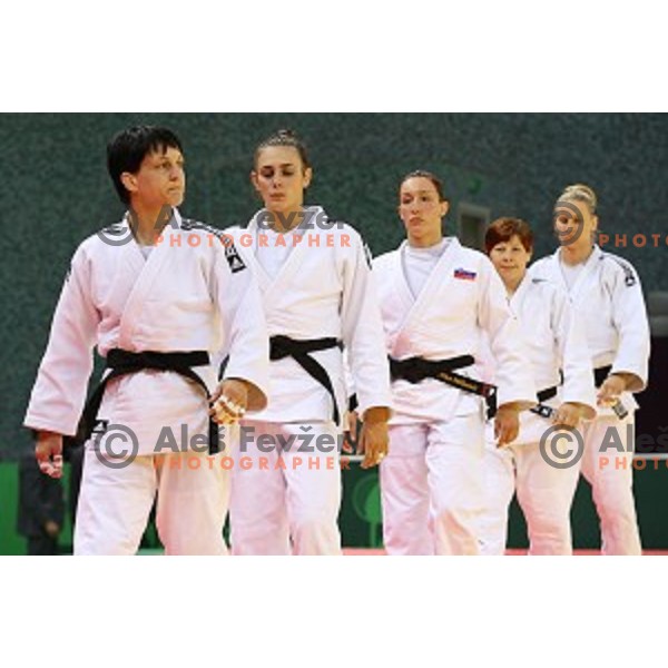 Petra Nareks, Vlora Bedeti, Nina Milosevic, Tina Trstenjak and Anamarija Velensek of Slovenia at Judo Team event in Heydar Aliyev Arena at First European Games Baku 2015 in European Games Park, Azerbaijan on June 28, 2015