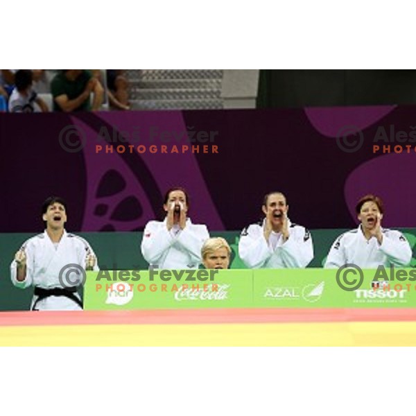 Petra Nareks, Vlora Bedeti, Nina Milosevic, Tina Trstenjak and Anamarija Velensek of Slovenia at Judo Team event in Heydar Aliyev Arena at First European Games Baku 2015 in European Games Park, Azerbaijan on June 28, 2015
