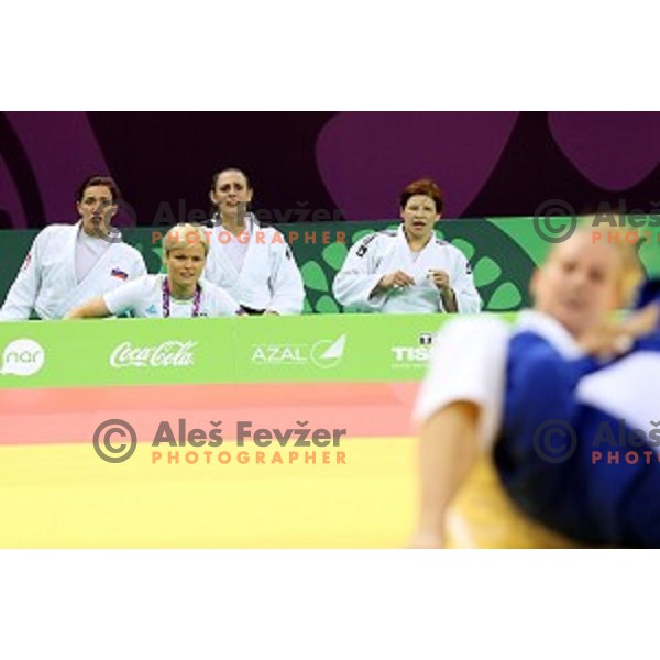 Petra Nareks, Vlora Bedeti, Nina Milosevic, Tina Trstenjak and Anamarija Velensek of Slovenia at Judo Team event in Heydar Aliyev Arena at First European Games Baku 2015 in European Games Park, Azerbaijan on June 28, 2015