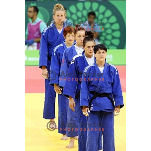 Petra Nareks, Vlora Bedeti, Nina Milosevic, Tina Trstenjak and Anamarija Velensek of Slovenia at Judo Team event in Heydar Aliyev Arena at First European Games Baku 2015 in European Games Park, Azerbaijan on June 28, 2015