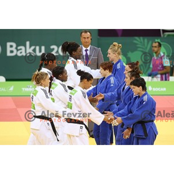 Petra Nareks, Vlora Bedeti, Nina Milosevic, Tina Trstenjak and Anamarija Velensek of Slovenia at Judo Team event in Heydar Aliyev Arena at First European Games Baku 2015 in European Games Park, Azerbaijan on June 28, 2015