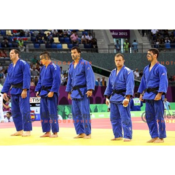 Matjaz Ceraj, Jesenko Cetic, Mihael Zgank, Andraz Jereb, Rok Draksic of Slovenia at Judo Team event in Heydar Aliyev Arena at First European Games Baku 2015 in European Games Park, Azerbaijan on June 28, 2015