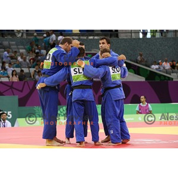 Matjaz Ceraj, Jesenko Cetic, Mihael Zgank, Andraz Jereb, Rok Draksic of Slovenia at Judo Team event in Heydar Aliyev Arena at First European Games Baku 2015 in European Games Park, Azerbaijan on June 28, 2015