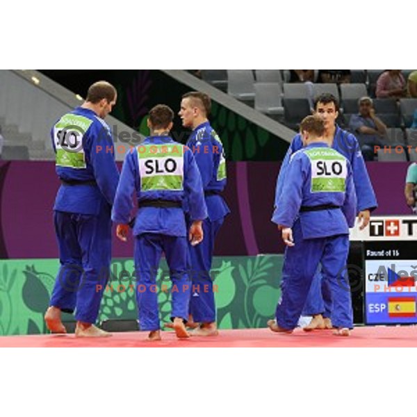 Matjaz Ceraj, Jesenko Cetic, Mihael Zgank, Andraz Jereb, Rok Draksic of Slovenia at Judo Team event in Heydar Aliyev Arena at First European Games Baku 2015 in European Games Park, Azerbaijan on June 28, 2015