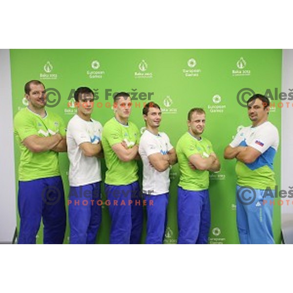Matjaz Ceraj, Jesenko Cetic, Mihael Zgank, Andraz Jereb, Rok Draksic of Slovenia at Judo Team event in Heydar Aliyev Arena at First European Games Baku 2015 in European Games Park, Azerbaijan on June 28, 2015
