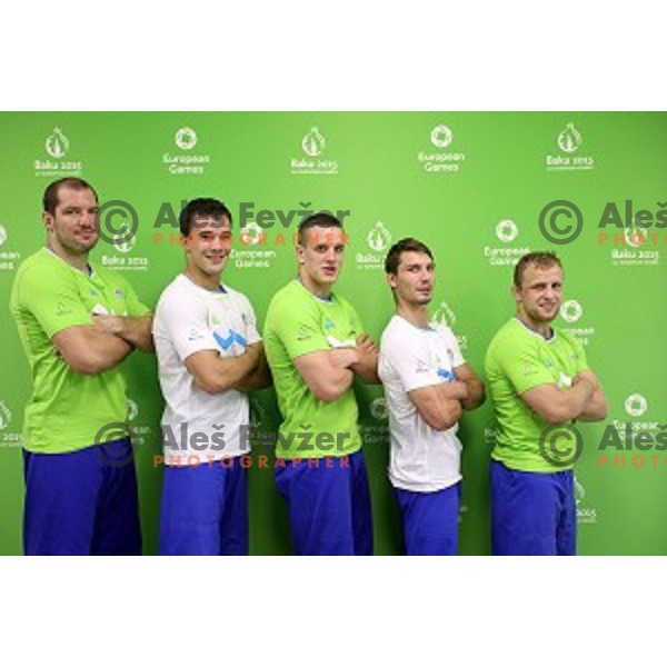 Matjaz Ceraj, Jesenko Cetic, Mihael Zgank, Andraz Jereb, Rok Draksic of Slovenia at Judo Team event in Heydar Aliyev Arena at First European Games Baku 2015 in European Games Park, Azerbaijan on June 28, 2015