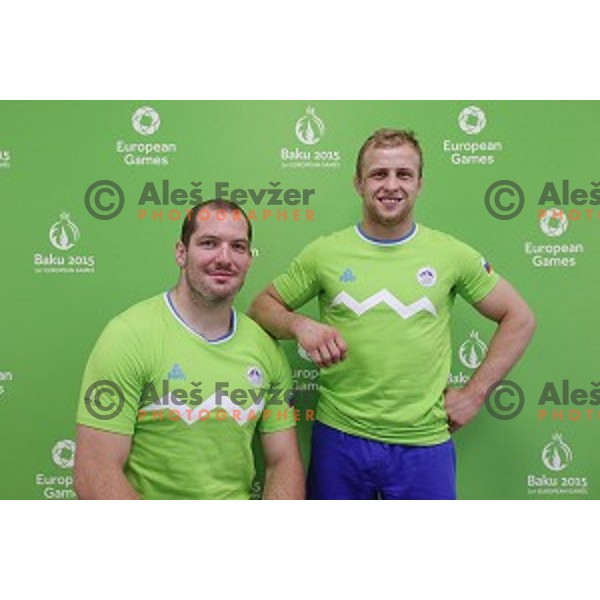 Matjaz Ceraj, Jesenko Cetic, Mihael Zgank, Andraz Jereb, Rok Draksic of Slovenia at Judo Team event in Heydar Aliyev Arena at First European Games Baku 2015 in European Games Park, Azerbaijan on June 28, 2015