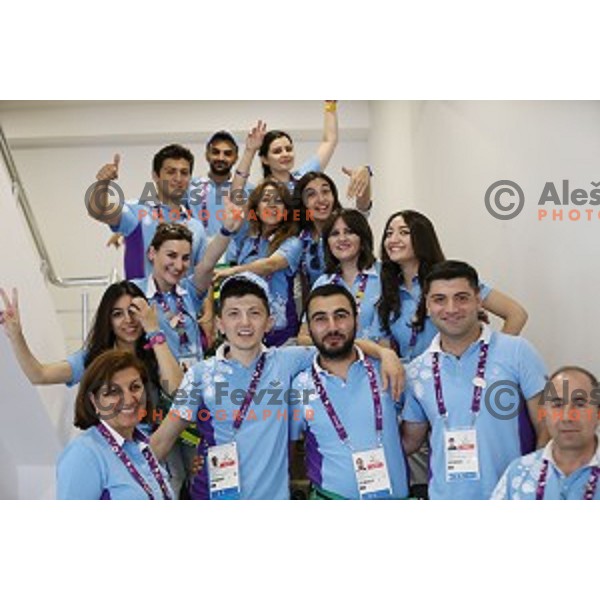 Volunteers in Heydar Aliyev Arena at First European Games Baku 2015 in European Games Park, Azerbaijan on June 28, 2015