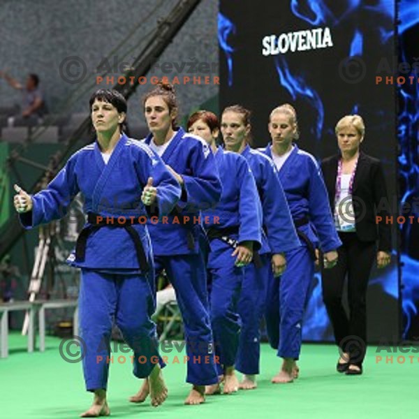 Coach Urska Zolnir, Anamarija Velensek,Anka Pogacnik, Tina Trstenjak, Vlora Bedeti, Petra Nareks of Slovenia, winners of Bronze Medal at Judo Team event in Heydar Aliyev Arena at First European Games Baku 2015 in European Games Park, Azerbaijan on June 28, 2015
