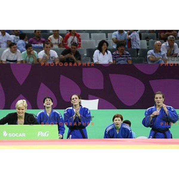 Anamarija Velensek,Anka Pogacnik, Tina Trstenjak, Vlora Bedeti, Petra Nareks of Slovenia, winners of Bronze Medal at Judo Team event in Heydar Aliyev Arena at First European Games Baku 2015 in European Games Park, Azerbaijan on June 28, 2015