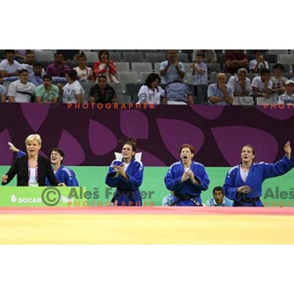 Anamarija Velensek,Anka Pogacnik, Tina Trstenjak, Vlora Bedeti, Petra Nareks of Slovenia, winners of Bronze Medal at Judo Team event in Heydar Aliyev Arena at First European Games Baku 2015 in European Games Park, Azerbaijan on June 28, 2015