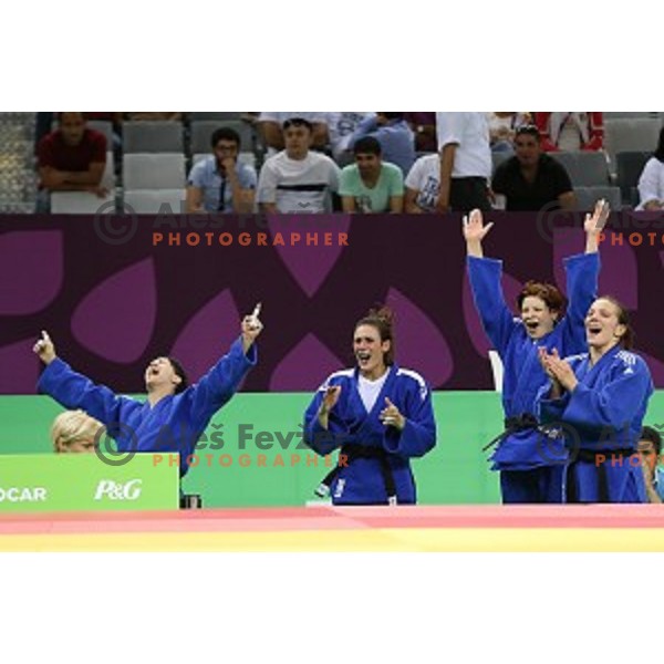 Anamarija Velensek,Anka Pogacnik, Tina Trstenjak, Vlora Bedeti, Petra Nareks of Slovenia, winners of Bronze Medal at Judo Team event in Heydar Aliyev Arena at First European Games Baku 2015 in European Games Park, Azerbaijan on June 28, 2015