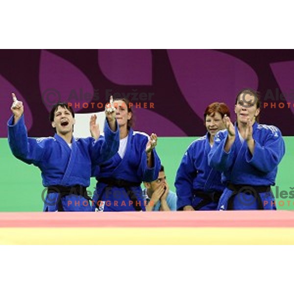 Anamarija Velensek,Anka Pogacnik, Tina Trstenjak, Vlora Bedeti, Petra Nareks of Slovenia, winners of Bronze Medal at Judo Team event in Heydar Aliyev Arena at First European Games Baku 2015 in European Games Park, Azerbaijan on June 28, 2015