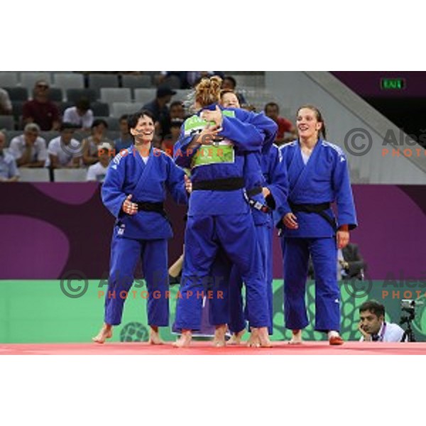 Anamarija Velensek,Anka Pogacnik, Tina Trstenjak, Vlora Bedeti, Petra Nareks of Slovenia, winners of Bronze Medal at Judo Team event in Heydar Aliyev Arena at First European Games Baku 2015 in European Games Park, Azerbaijan on June 28, 2015