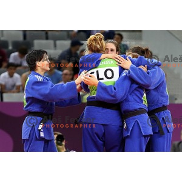Anamarija Velensek,Anka Pogacnik, Tina Trstenjak, Vlora Bedeti, Petra Nareks of Slovenia, winners of Bronze Medal at Judo Team event in Heydar Aliyev Arena at First European Games Baku 2015 in European Games Park, Azerbaijan on June 28, 2015